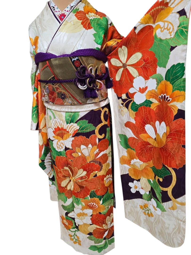 振袖　フルセット　豪華絢爛　刺繍　地文　成人式　結婚式　華やか　オレンジ　紫