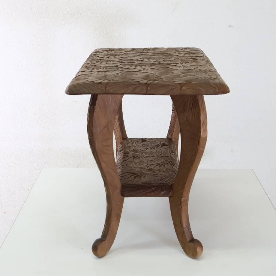 伝統工芸 日光彫 花文 サイドテーブル 花台 幅60cm 棚板付き