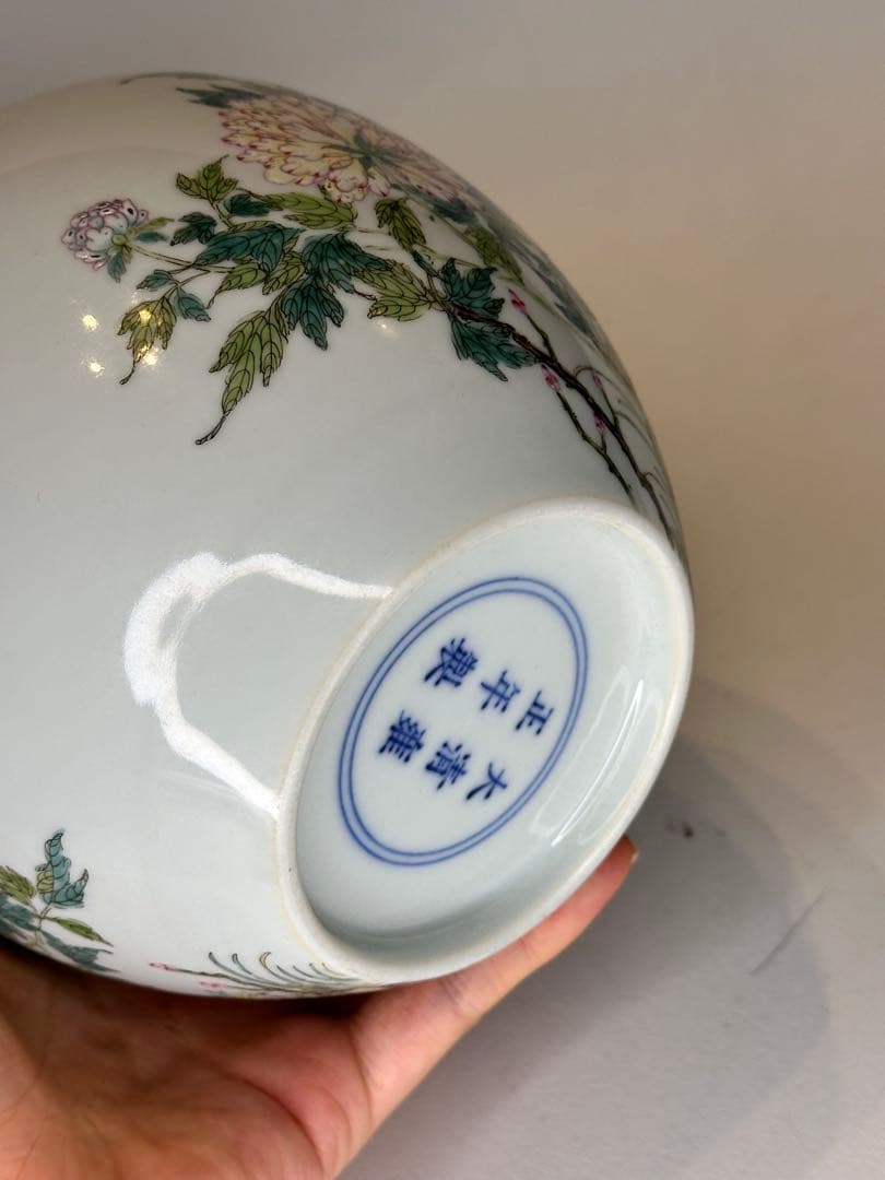 中国清時代 大清雍正年製款 彩絵牡丹花蝶文 詩文花瓶 賞瓶 傷あり 古陶磁骨董品