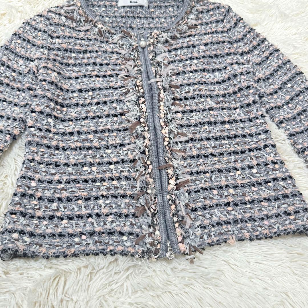Reneルネ　ノーカラージャケット ニット パール ビジュー ダブルジップ 34