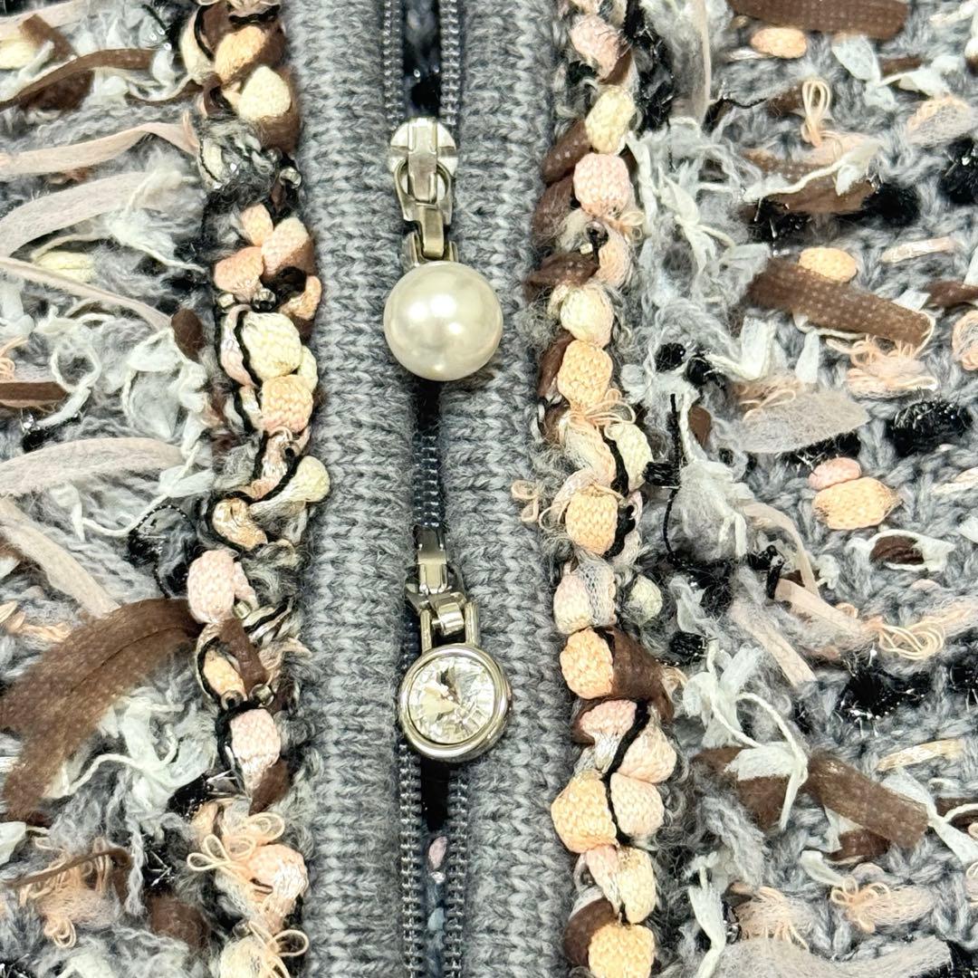 Reneルネ　ノーカラージャケット ニット パール ビジュー ダブルジップ 34