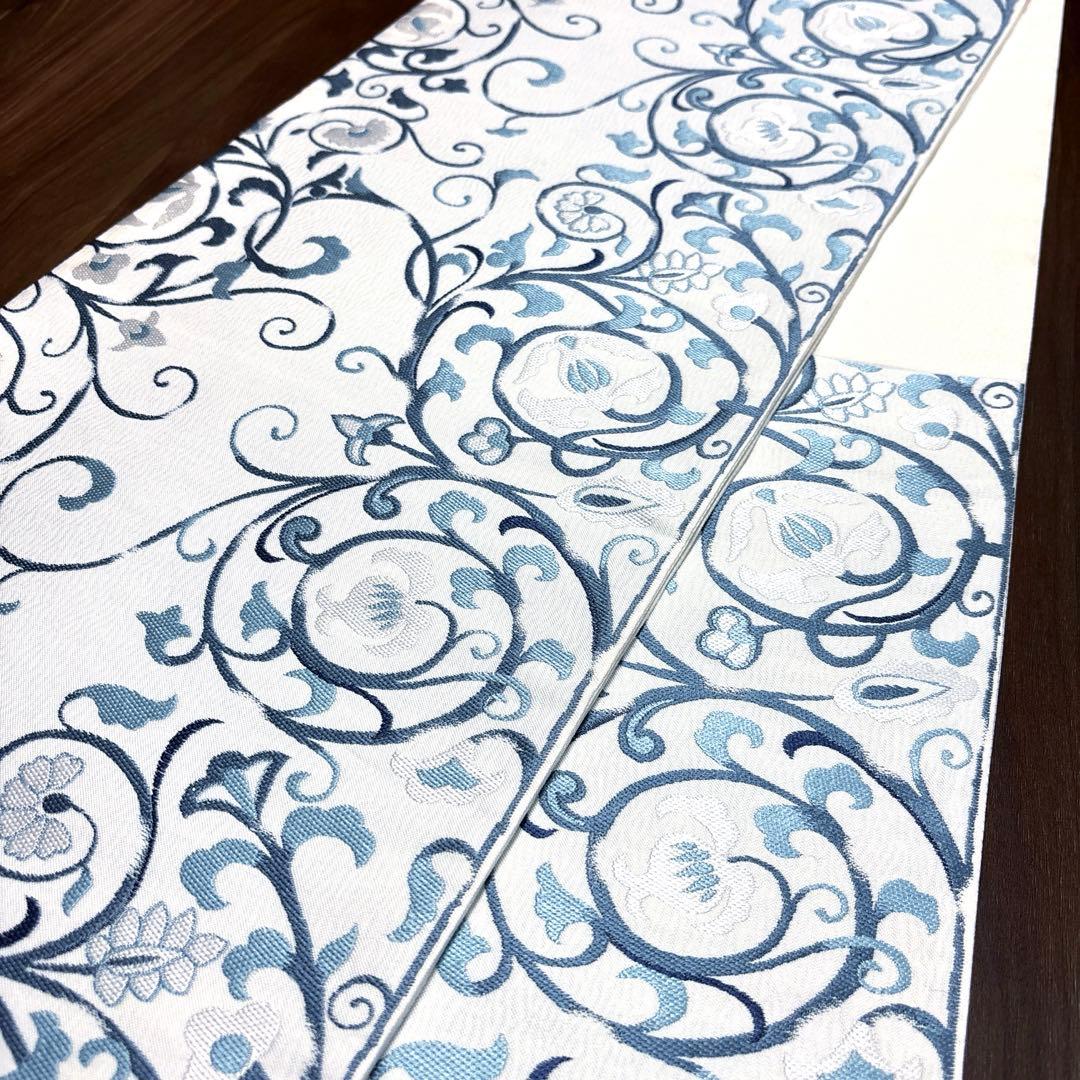 きよちゃん正絹 六通袋帯 【刺繍 花唐草 ブルー】