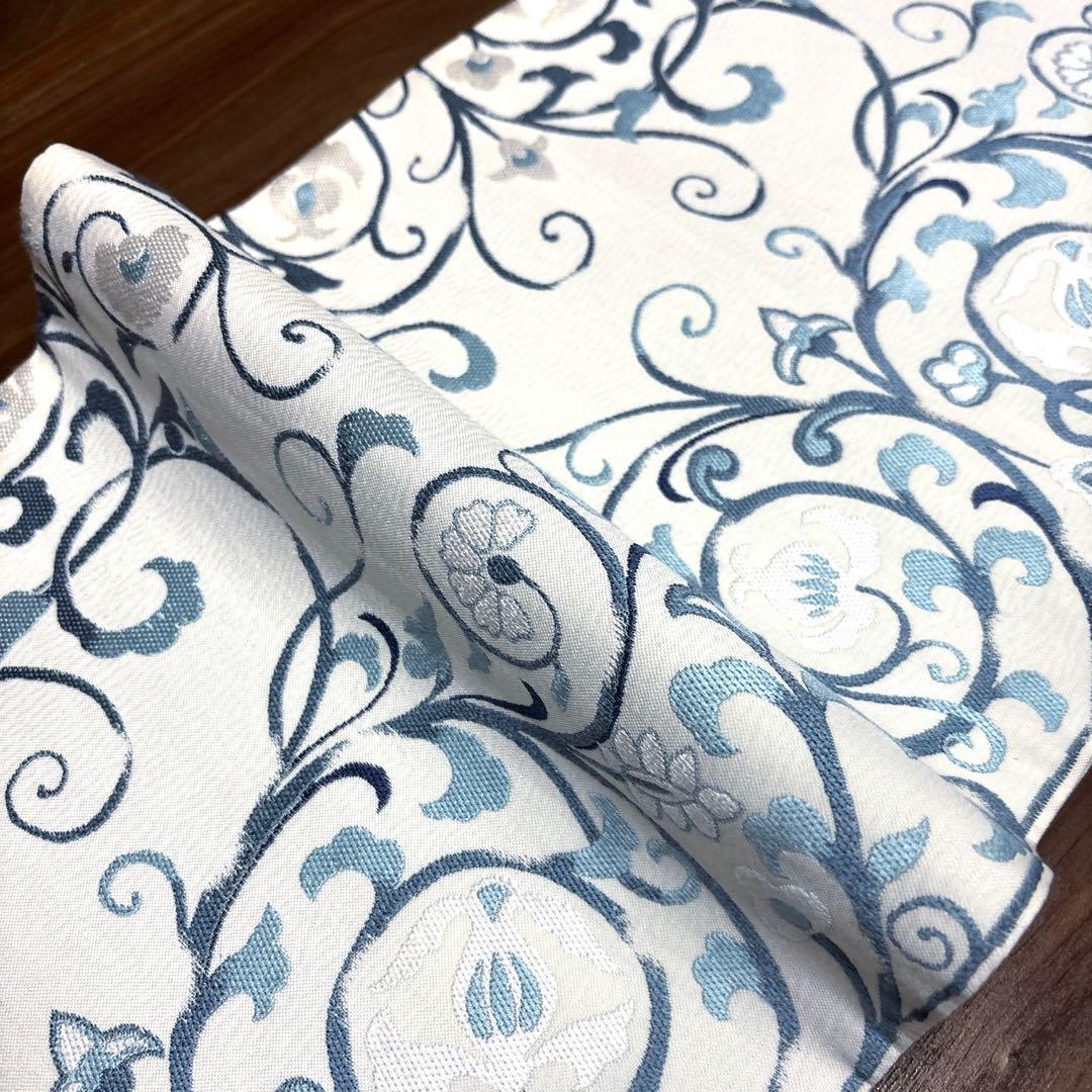 きよちゃん正絹 六通袋帯 【刺繍 花唐草 ブルー】
