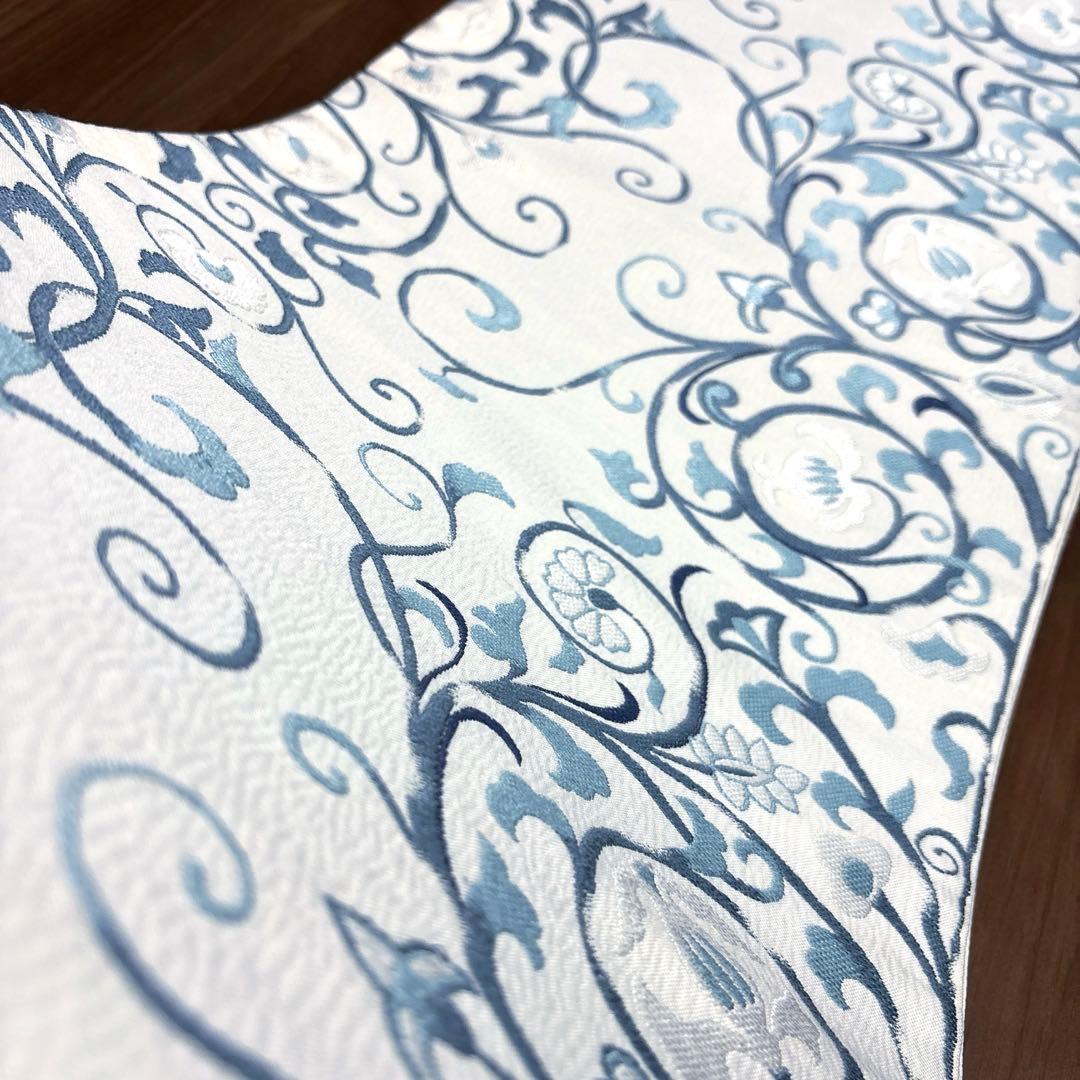 きよちゃん正絹 六通袋帯 【刺繍 花唐草 ブルー】