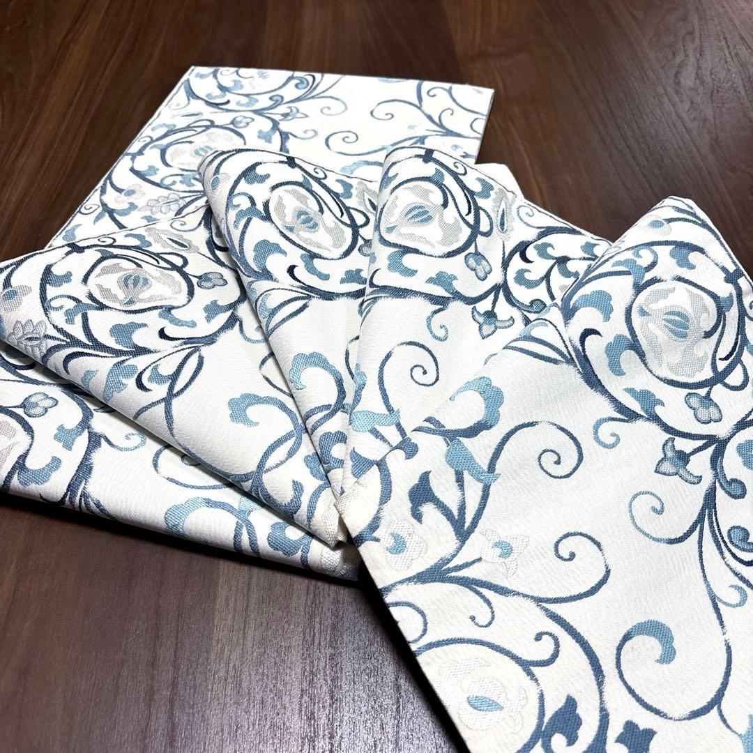 きよちゃん正絹 六通袋帯 【刺繍 花唐草 ブルー】