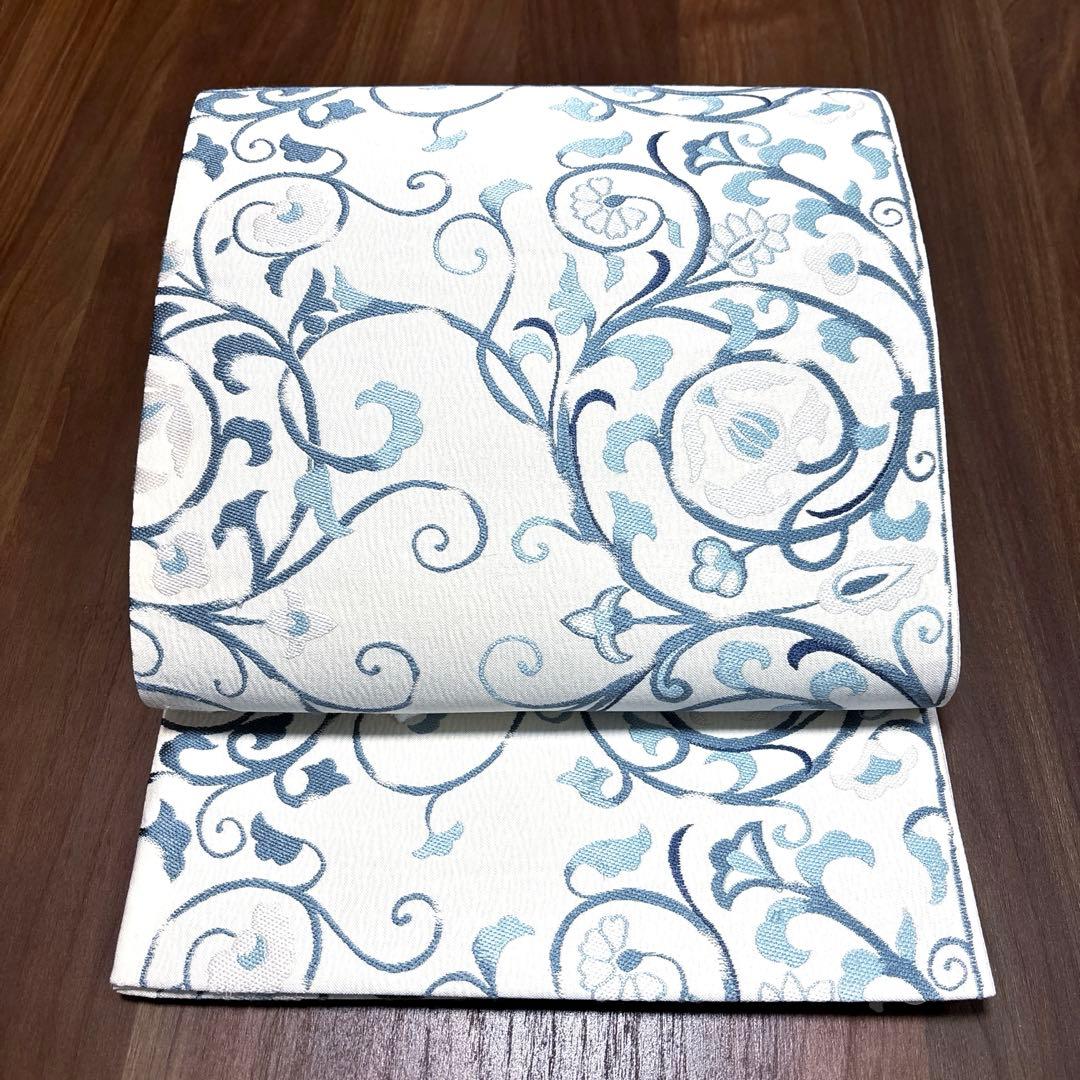 きよちゃん正絹 六通袋帯 【刺繍 花唐草 ブルー】