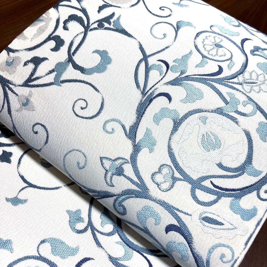 きよちゃん正絹 六通袋帯 【刺繍 花唐草 ブルー】