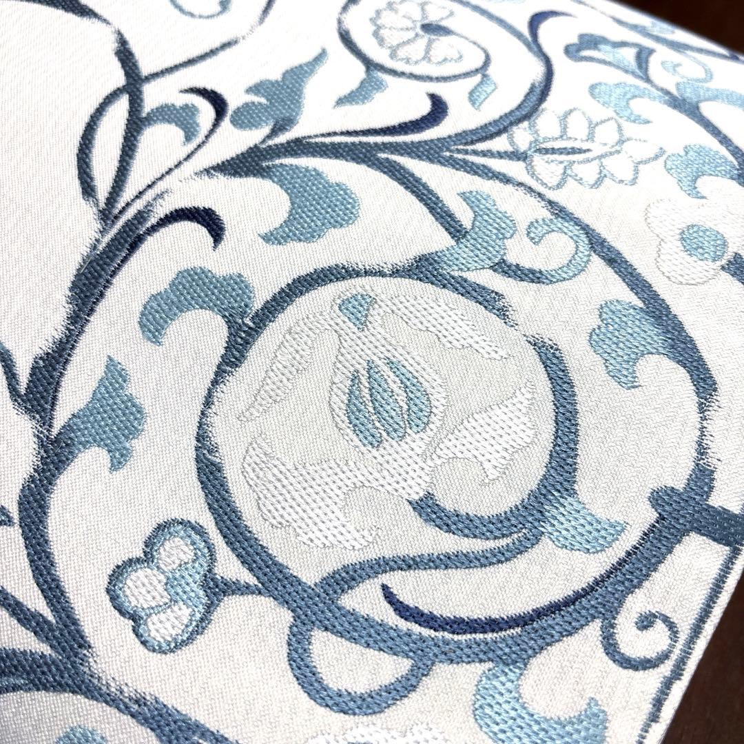 きよちゃん正絹 六通袋帯 【刺繍 花唐草 ブルー】