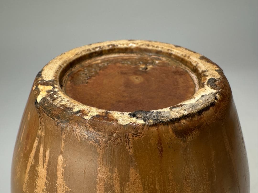 日本美術　江戸時代　丹波焼　茶道具　鉄釉茶入 小壺　刻印有　純銀蓋付　時代共箱付