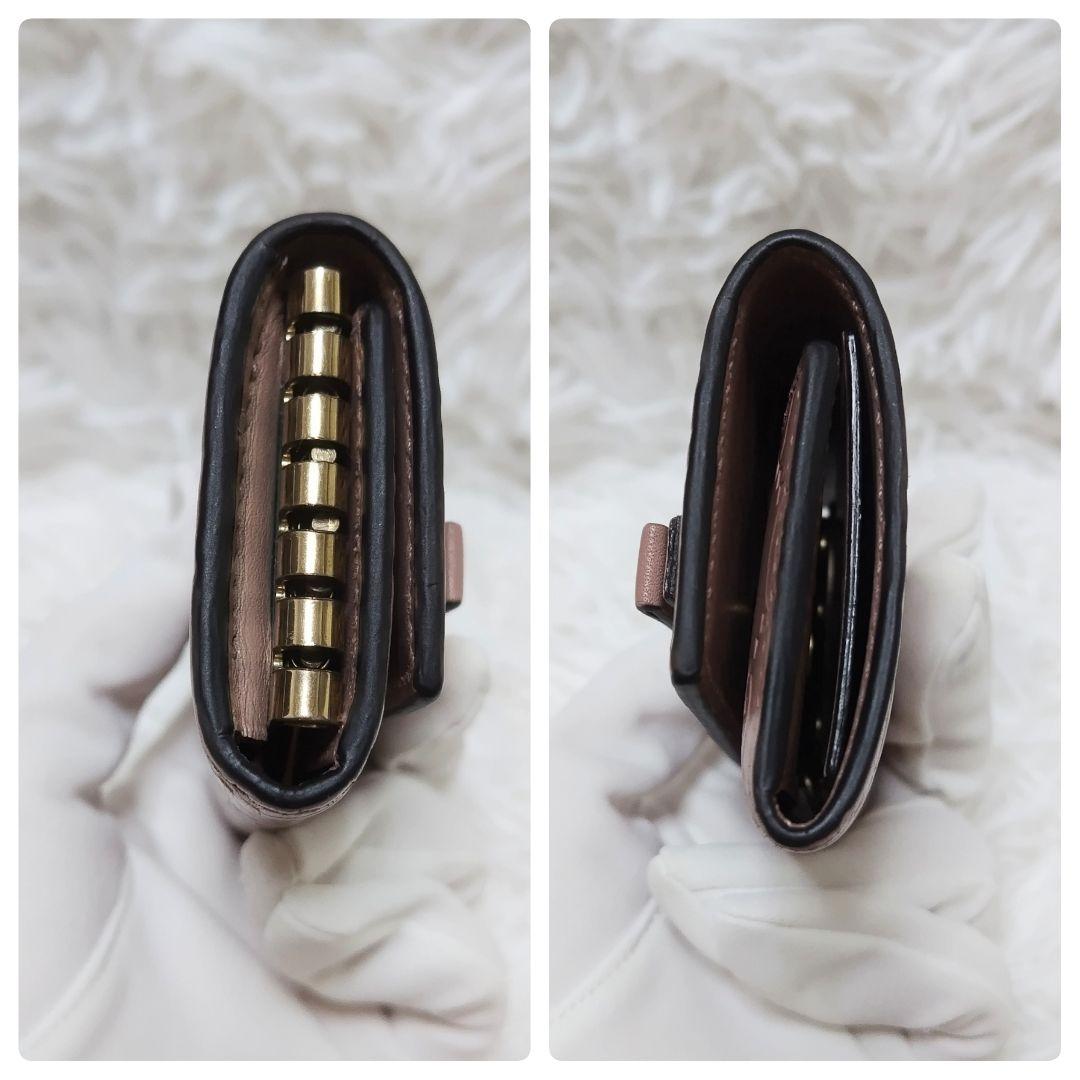 美品✨グッチ♡6連キーケース　シマレザー ボウイリボン　ゴールド金具くすみピンク