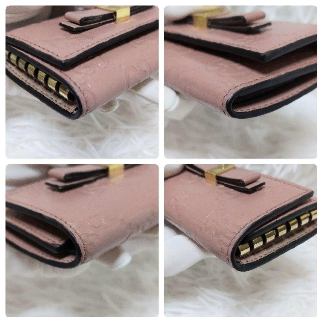 美品✨グッチ♡6連キーケース　シマレザー ボウイリボン　ゴールド金具くすみピンク