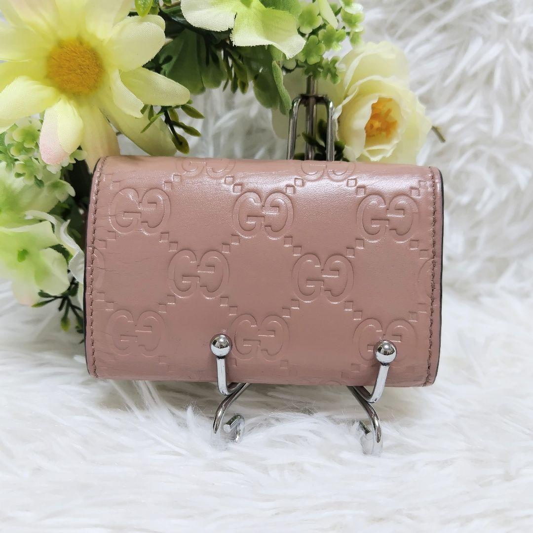 美品✨グッチ♡6連キーケース　シマレザー ボウイリボン　ゴールド金具くすみピンク