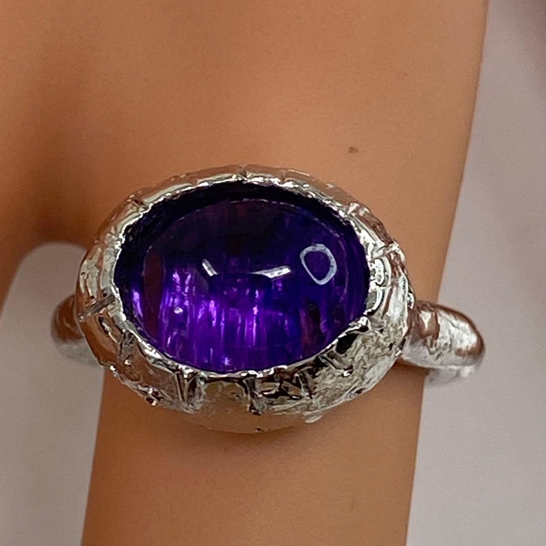 【甲府産】天然アメシストキャッツアイ リング SV925 10号 水クラゲ