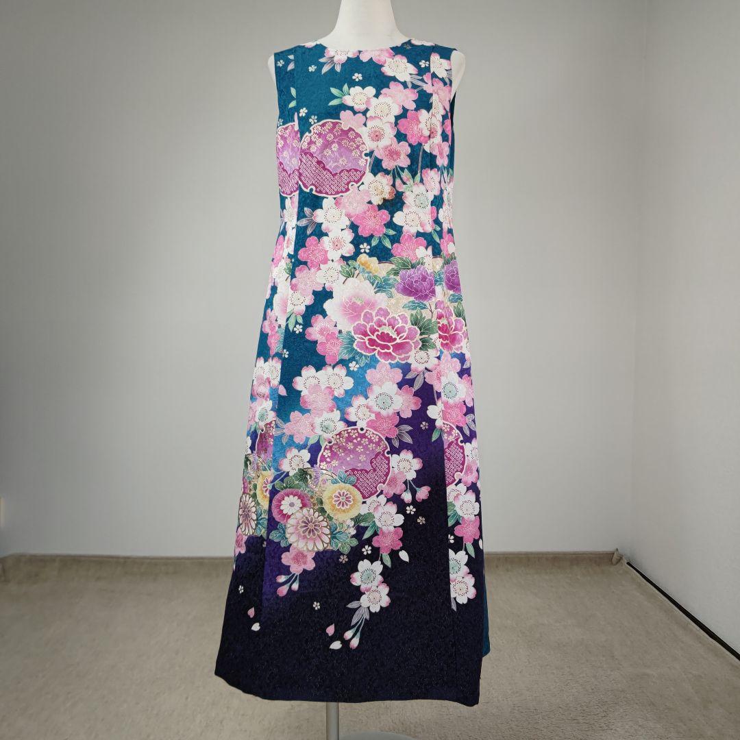 zunezune 振袖ドレス ノースリーブ 着物リメイク ターコイズブルー