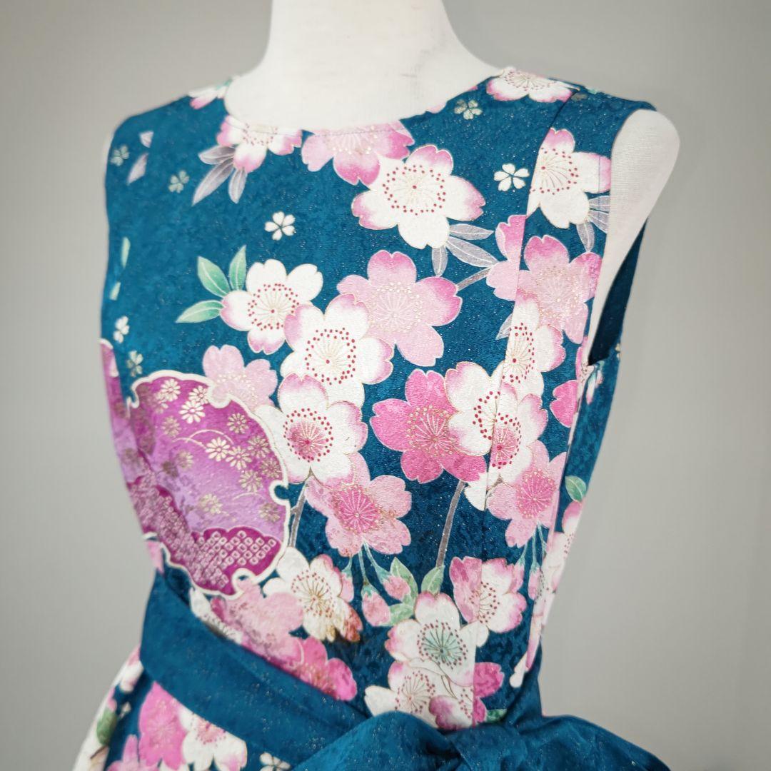 zunezune 振袖ドレス ノースリーブ 着物リメイク ターコイズブルー