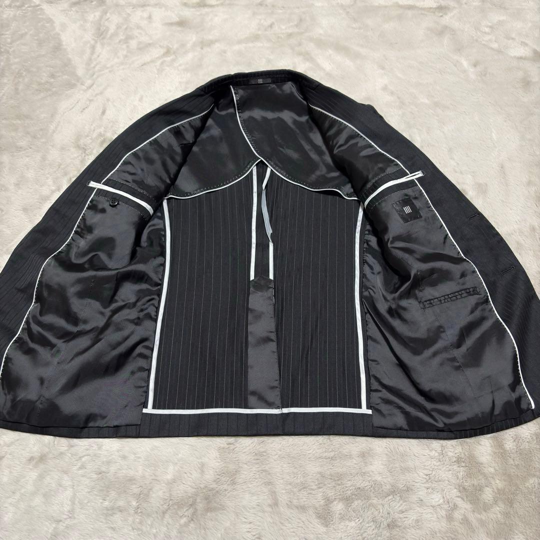 スーツセレクト 3ピース セットアップ スーツ 上下 黒 Y4 ストライプ 光沢