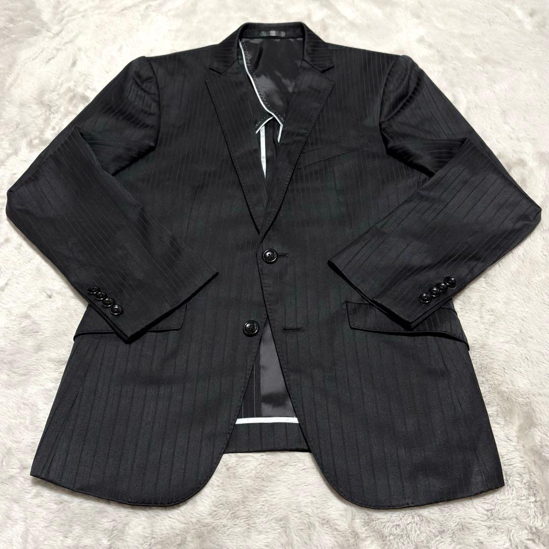 スーツセレクト 3ピース セットアップ スーツ 上下 黒 Y4 ストライプ 光沢