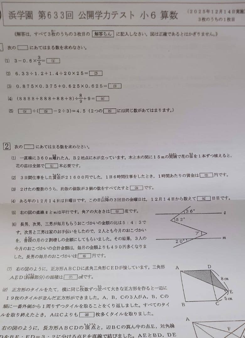 浜学園　小６　公開学力テスト　３教科　算数　国語　理科　９年分