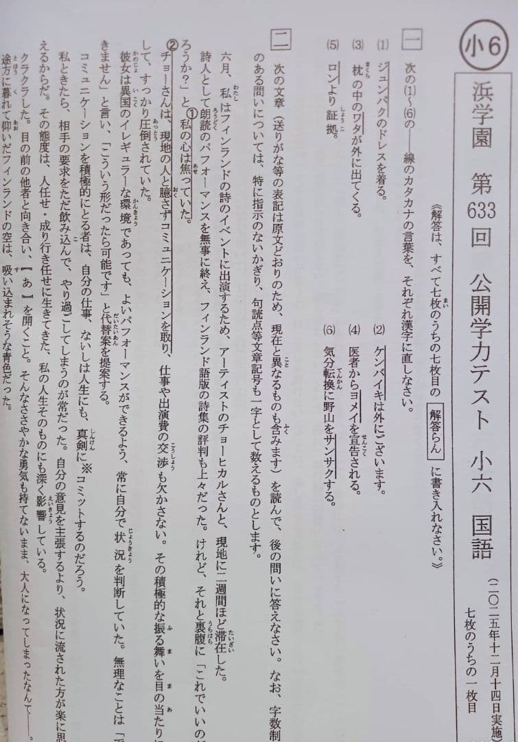 浜学園　小６　公開学力テスト　３教科　算数　国語　理科　９年分