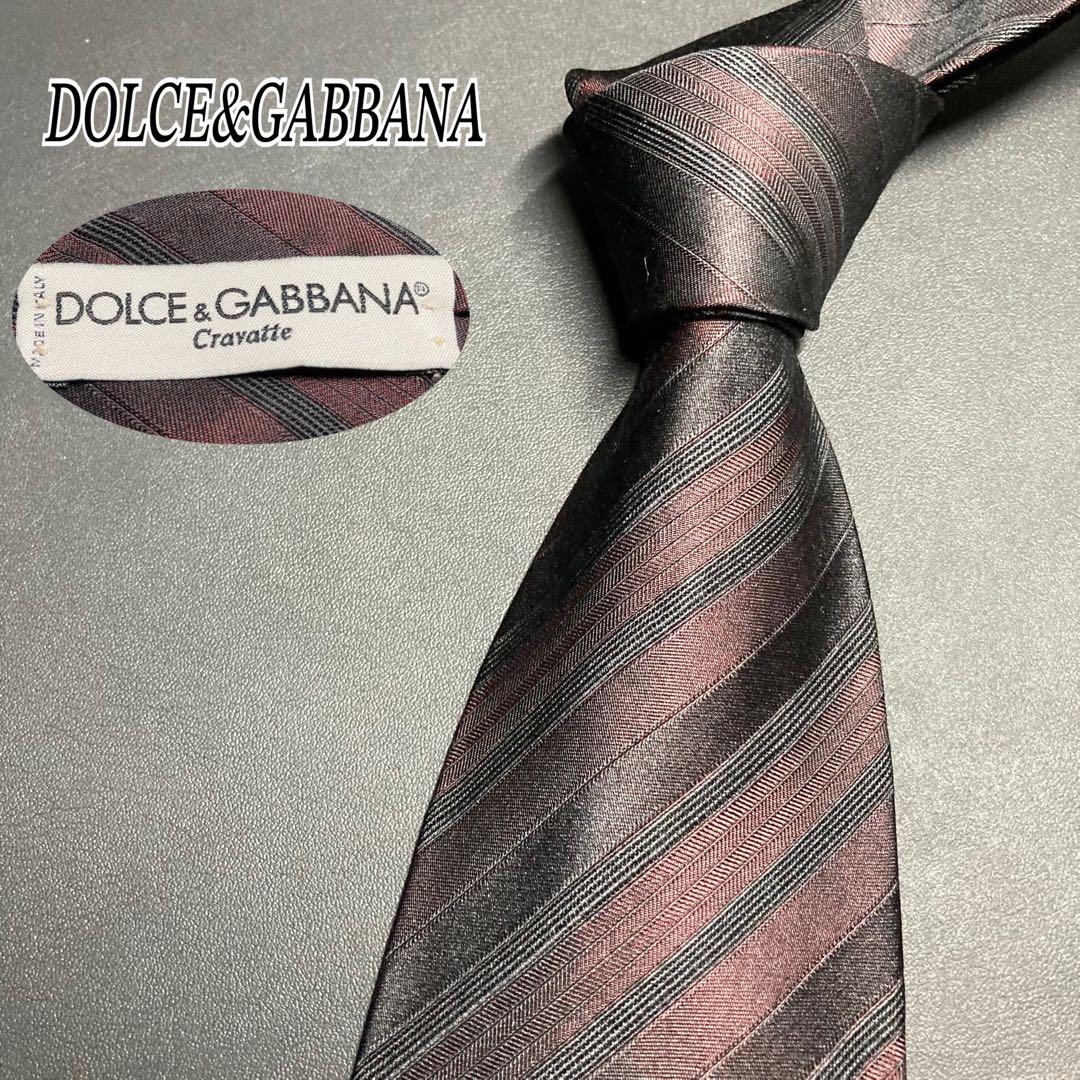 【美品】ドルチェ＆ガッバーナ　ネクタイ　ブラック　レジメンタルストライプ　光沢
