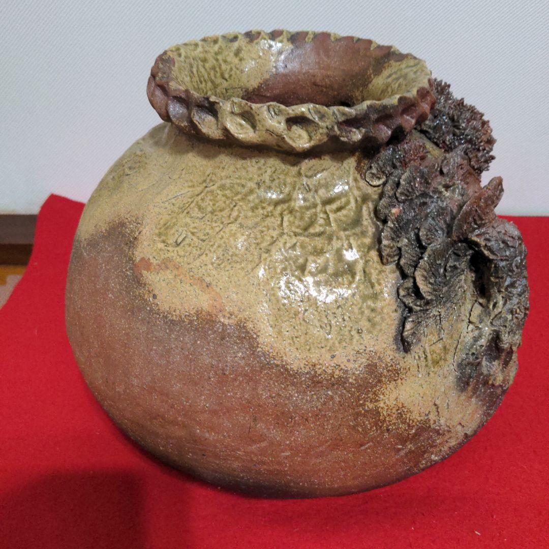 鈴鹿焼・萬古焼・杉野玉龍作・浮彫盛上山水風車図・壺・床飾り・飾り壺・花瓶