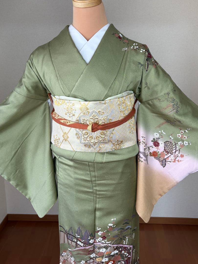 新春特別価格❗️3000円引き♦️4点フルセット　正絹訪問着　袋帯　帯揚げ　帯締め