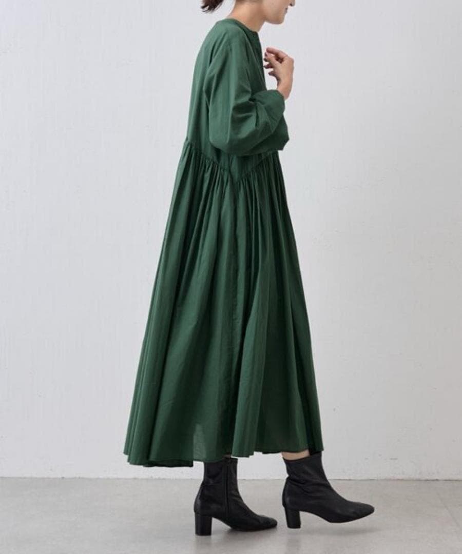 BEARDSLEY ビアズリー　ギャザーワンピース　ダークグリーン　洗える　長袖