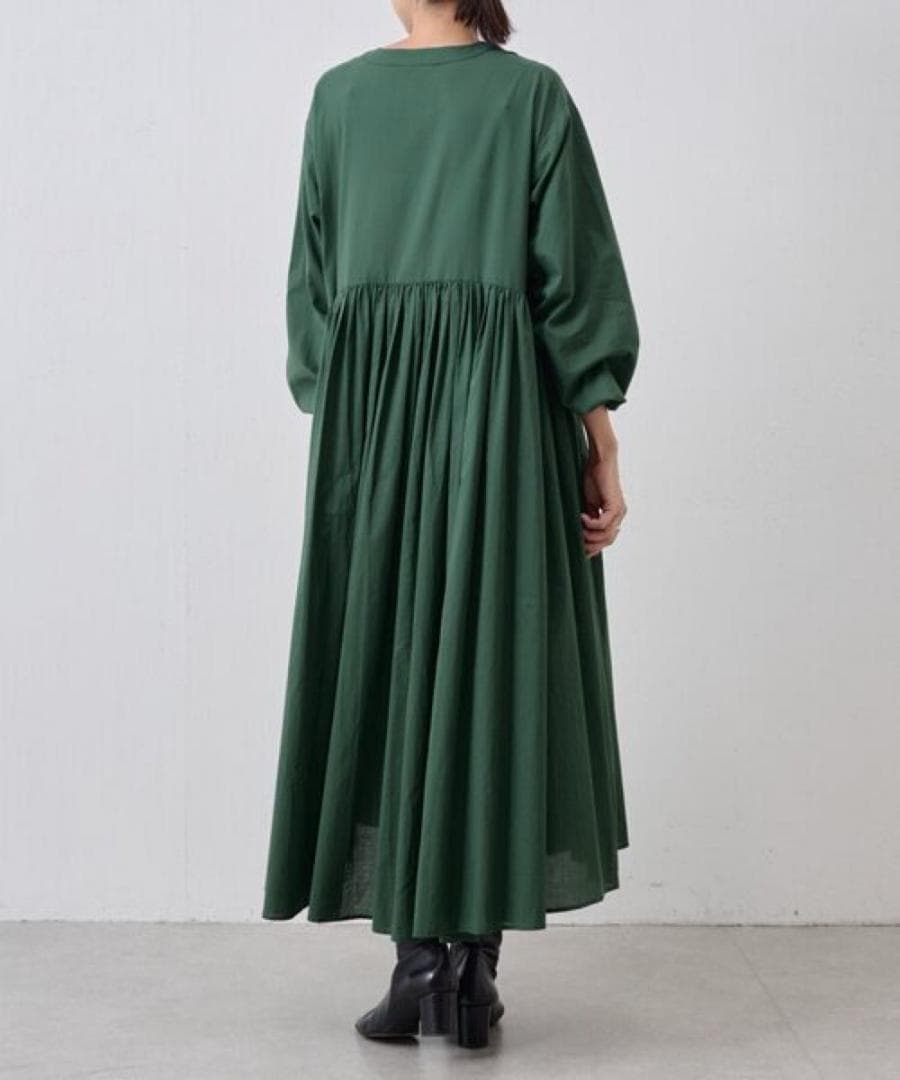 BEARDSLEY ビアズリー　ギャザーワンピース　ダークグリーン　洗える　長袖