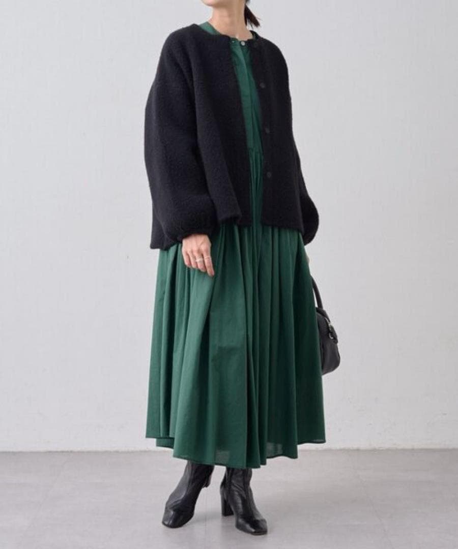 BEARDSLEY ビアズリー　ギャザーワンピース　ダークグリーン　洗える　長袖