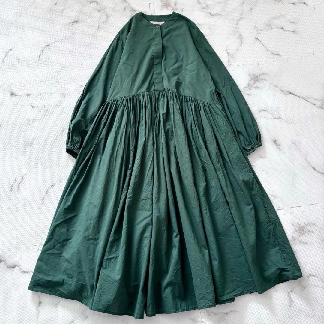 BEARDSLEY ビアズリー　ギャザーワンピース　ダークグリーン　洗える　長袖