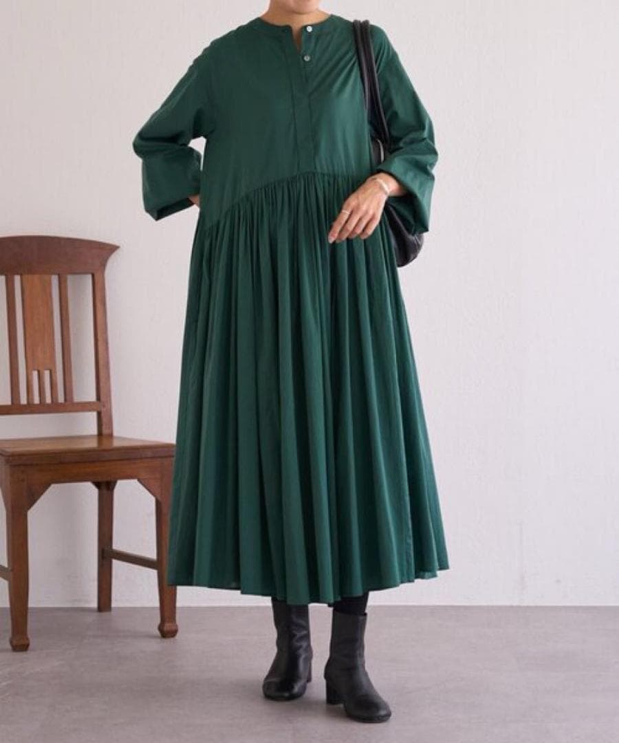 BEARDSLEY ビアズリー　ギャザーワンピース　ダークグリーン　洗える　長袖