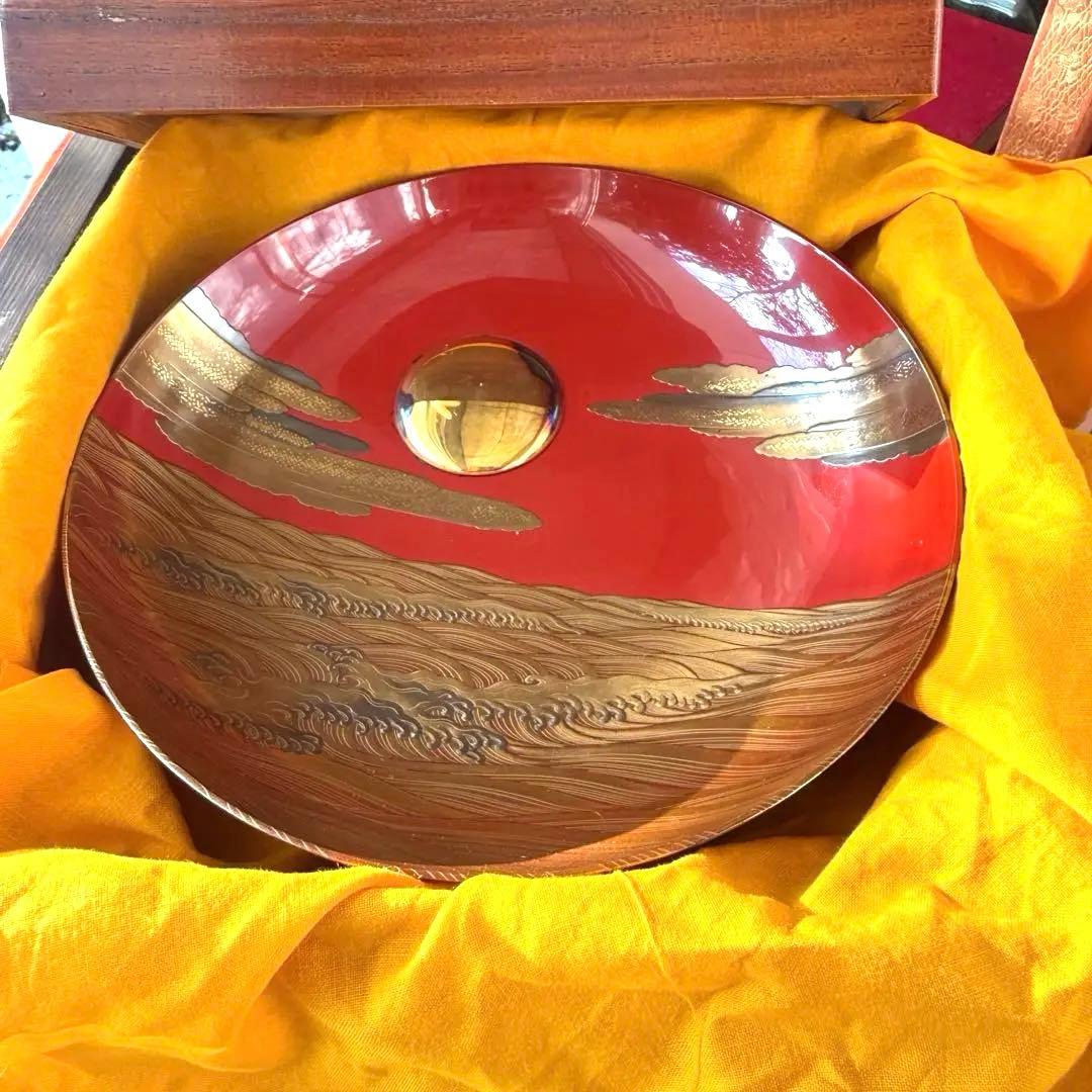 2147様感謝‼️愛蔵金銀波❌日の出❌松超絶高蒔絵大盃総欅塗木箱入黄布古布付1客
