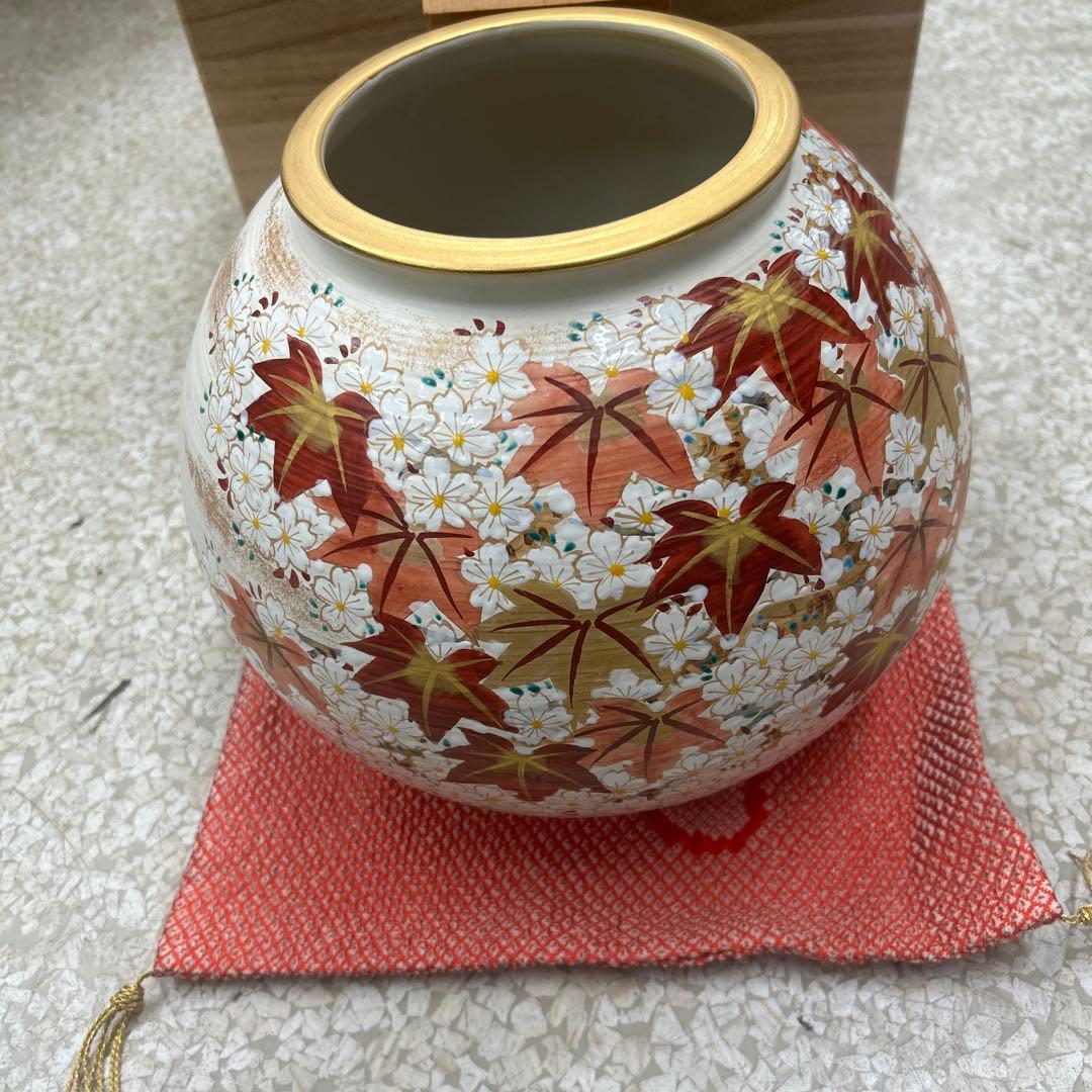 京都製 陶器 花瓶 桜と紅葉　清水焼　伝統工芸士 斎藤雲楽作