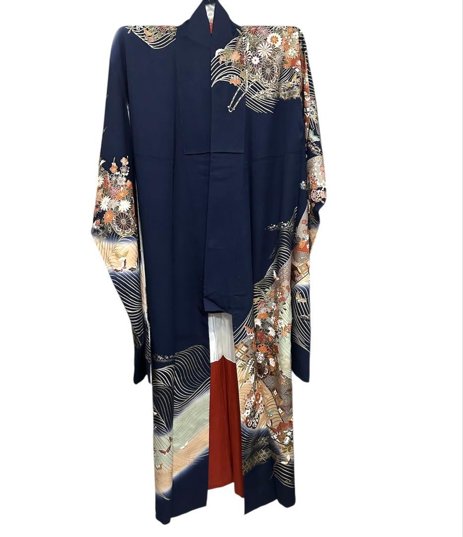 美品✨️ 大きいサイズ 振袖 長襦袢 ハンガー セット 正絹 ネイビー 蝶々 花柄