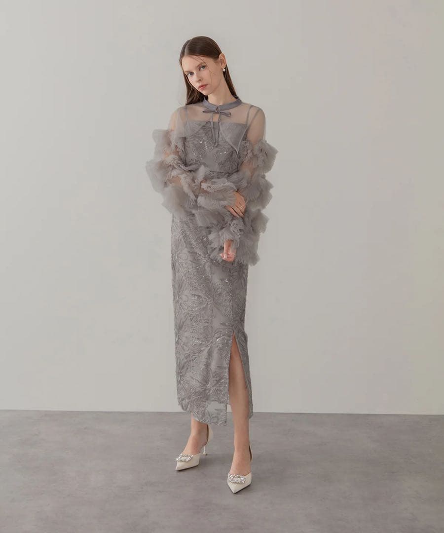 LEJA フリルチュールスリーブリボンIラインワンピースドレス