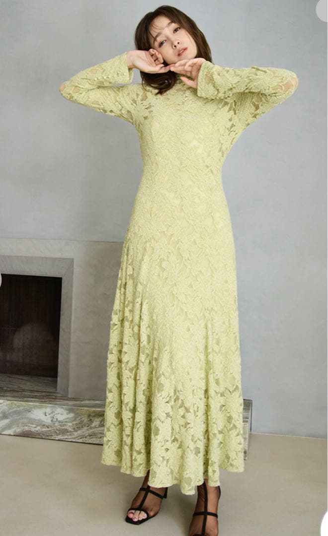 FRAY I.D フラワーストレッチレースワンピース　ライム