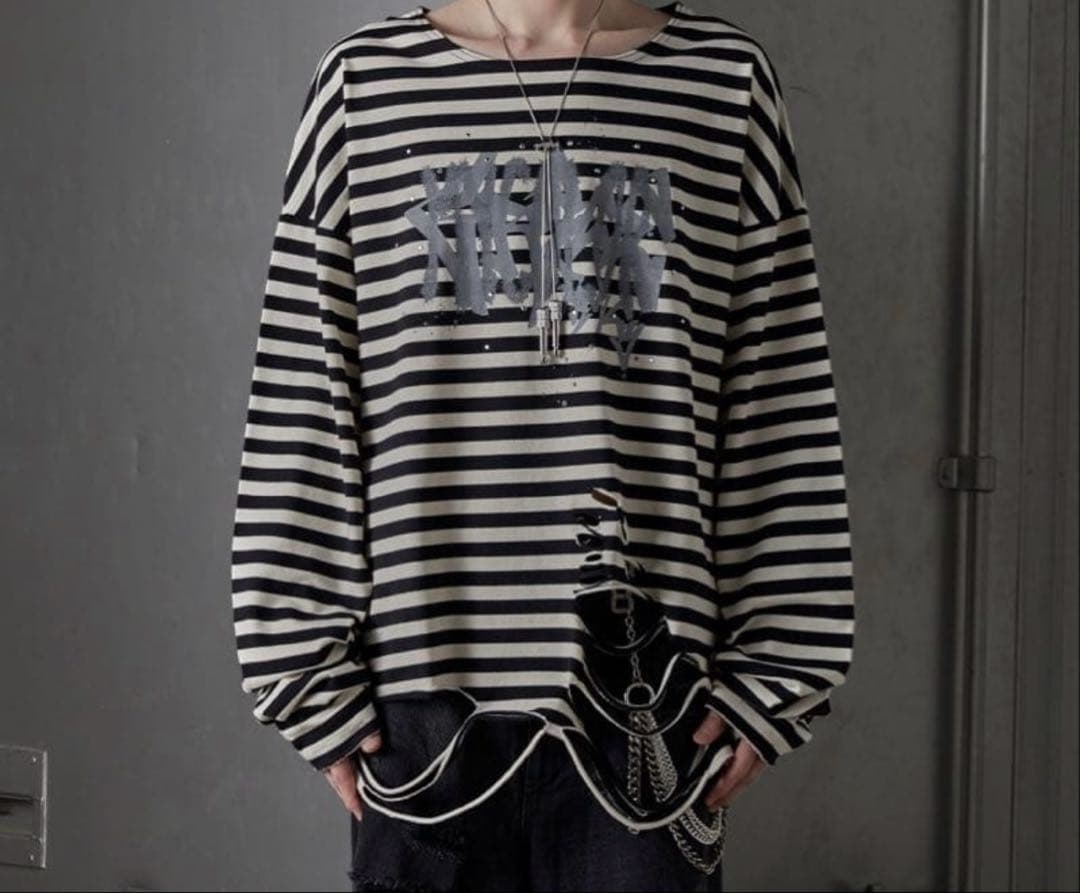 GRANCY 総柄ラインストーングラフィックロンT ボーダー　L