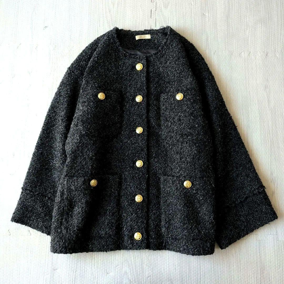 ラウンジドレス　ツイードジャケット　ブラック×グレー　金ボタン　26400円F