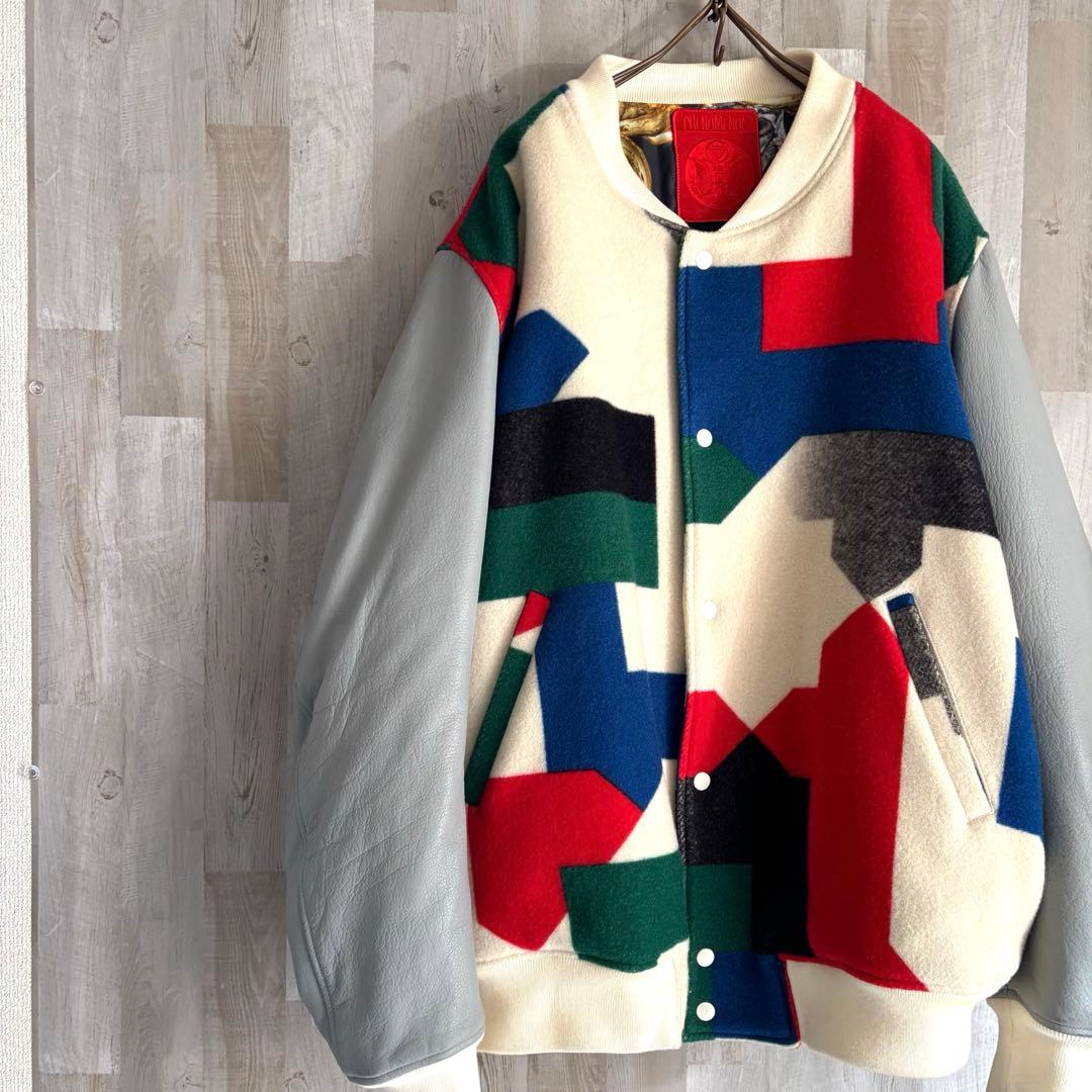 フェノメノン 袖レザー 総柄スタジャン ジャケット ビッグサイズ