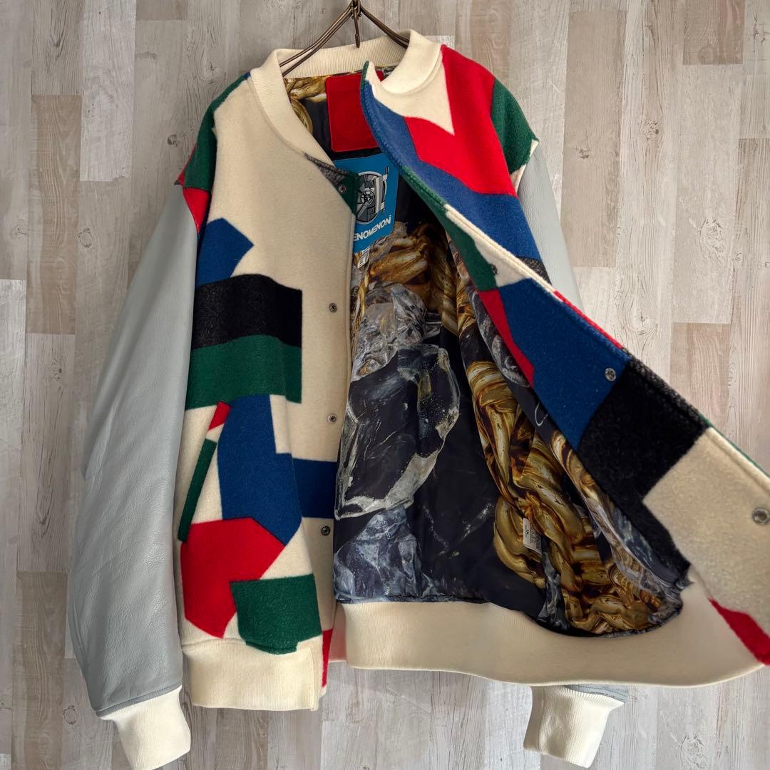 フェノメノン 袖レザー 総柄スタジャン ジャケット ビッグサイズ