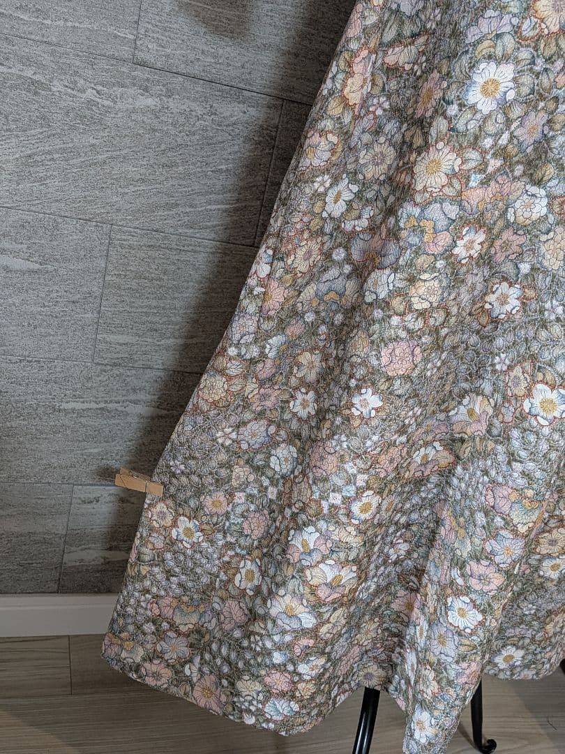 A271着物リメイク辻が花柄Aラインワンピース★リボン・ブローチ