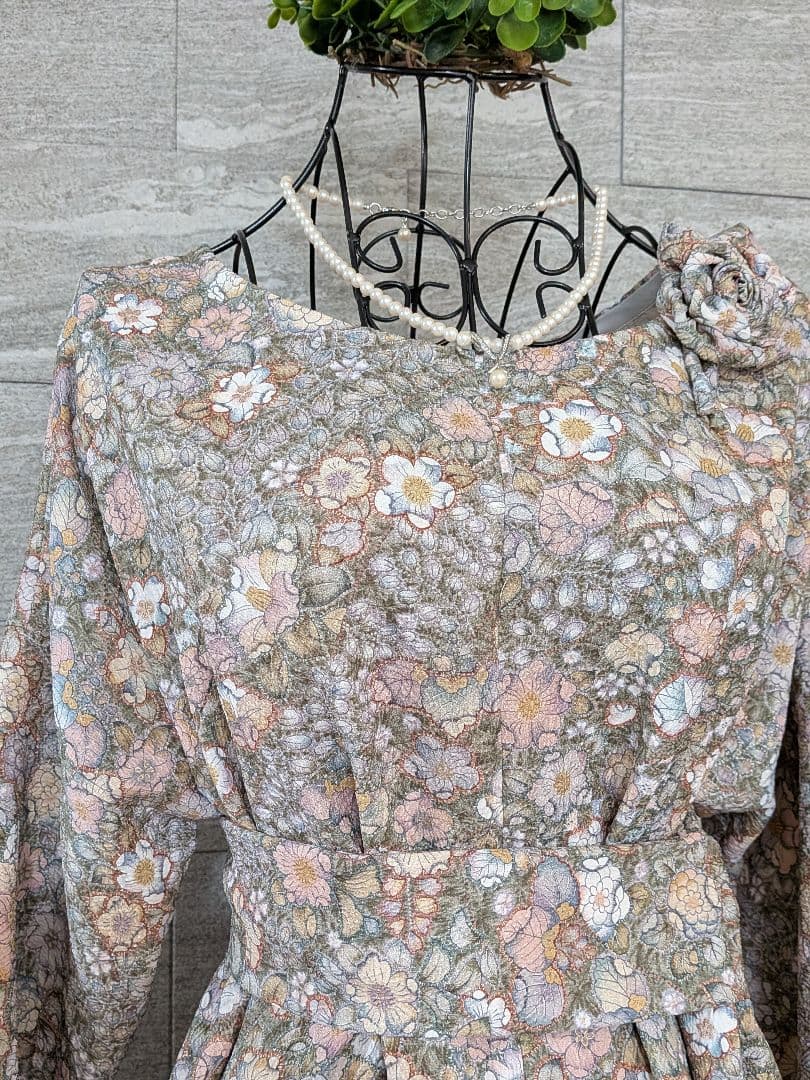 A271着物リメイク辻が花柄Aラインワンピース★リボン・ブローチ