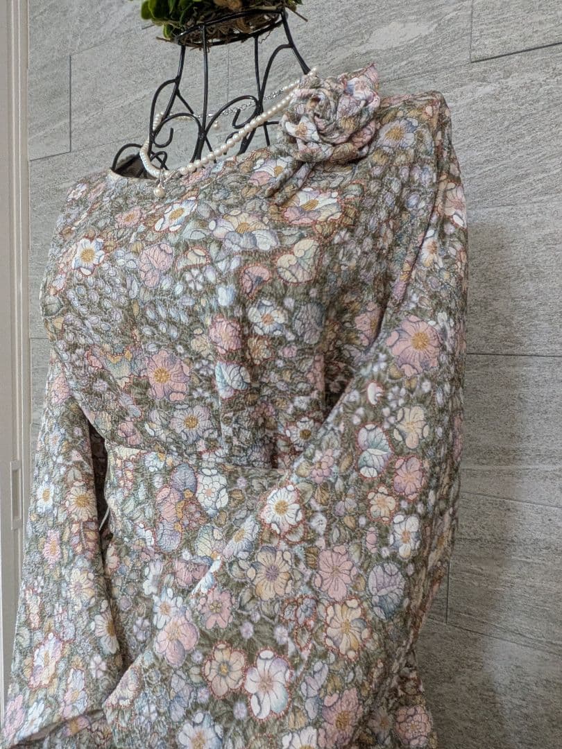 A271着物リメイク辻が花柄Aラインワンピース★リボン・ブローチ