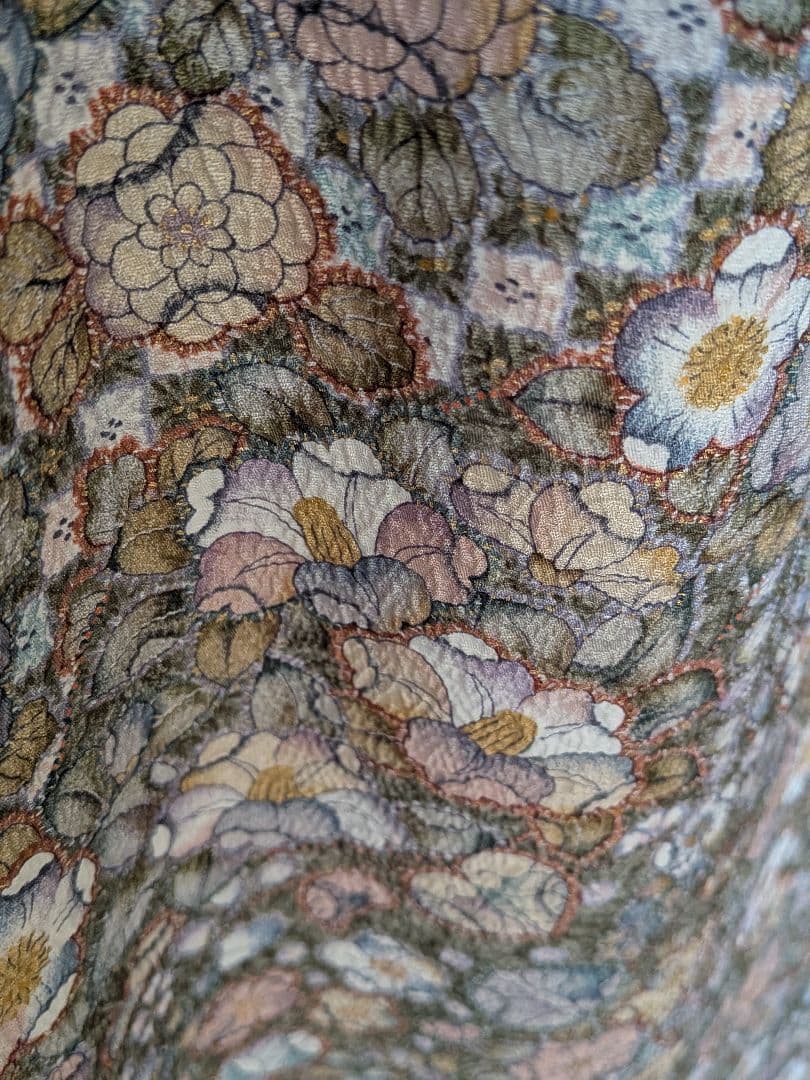 A271着物リメイク辻が花柄Aラインワンピース★リボン・ブローチ