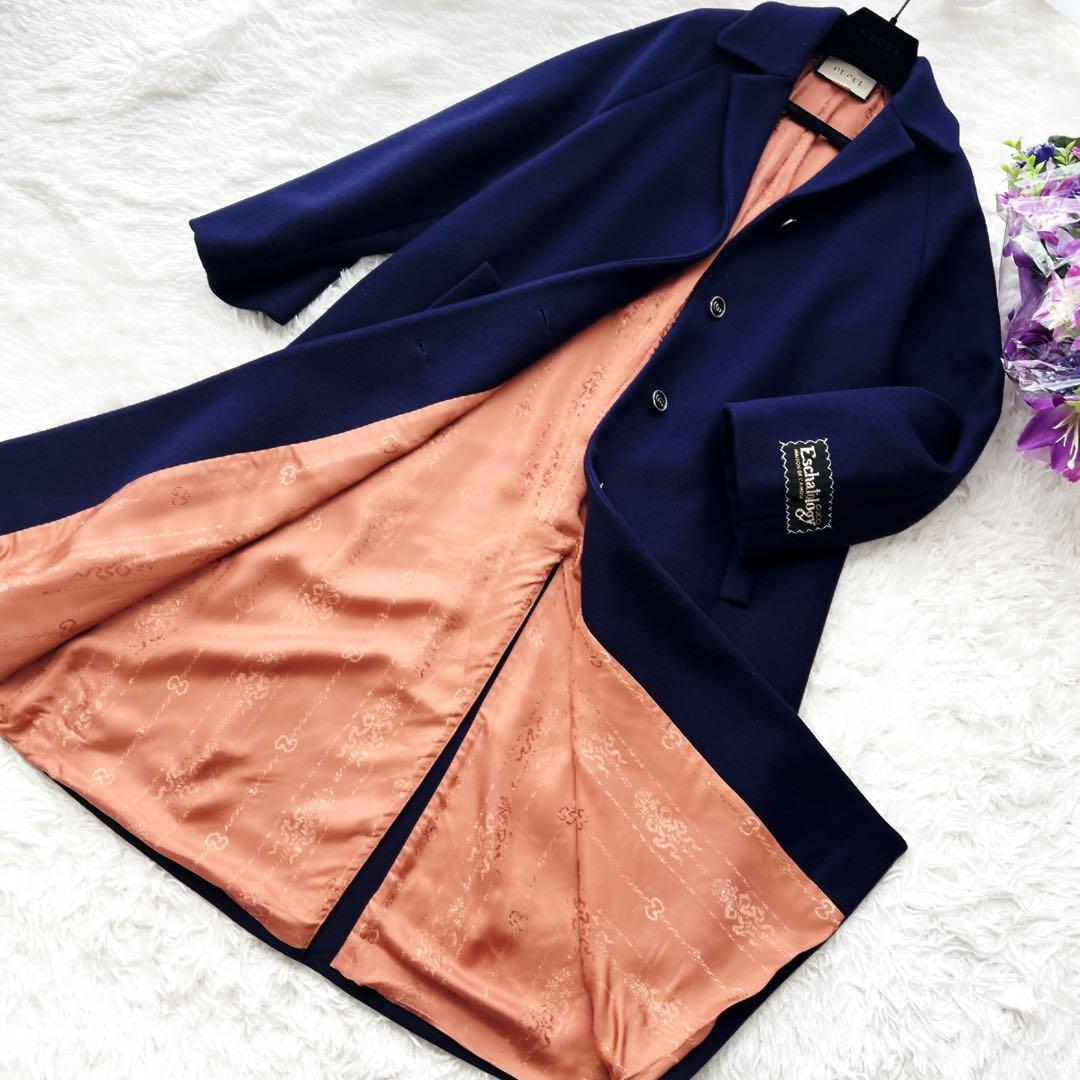 極美品　GUCCIグッチ チェスター　コート GGボタン　ネイビー　刺繍　ロング