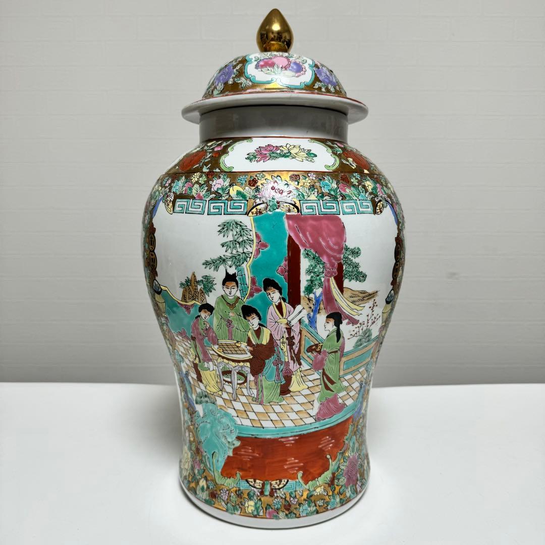 中国美術 蓋付花瓶 花器 飾り壺 壷 宮廷人物図 花鳥図 陶器 磁器 金彩色紜