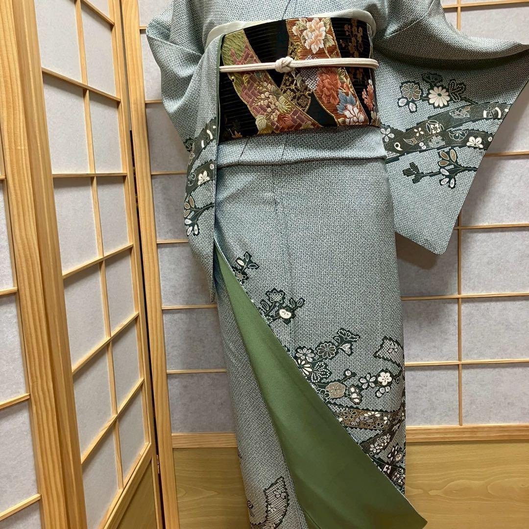 みーちゃん様［7155］訪問着 美品 熨斗目文様 鹿の子柄 金彩 正絹 着物 袷