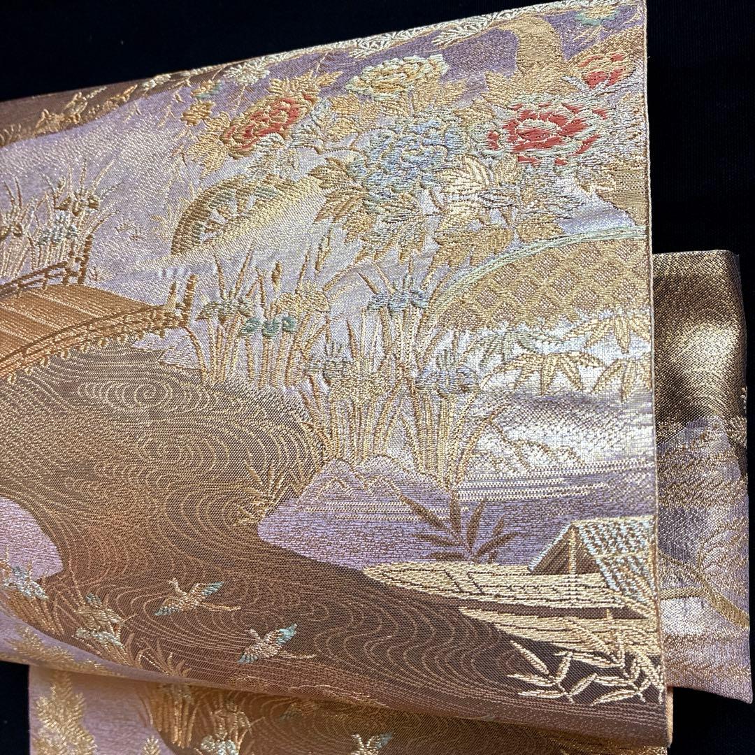 美品 橋 笹 牡丹の花 花菖蒲 正絹 袋帯 二重太鼓
