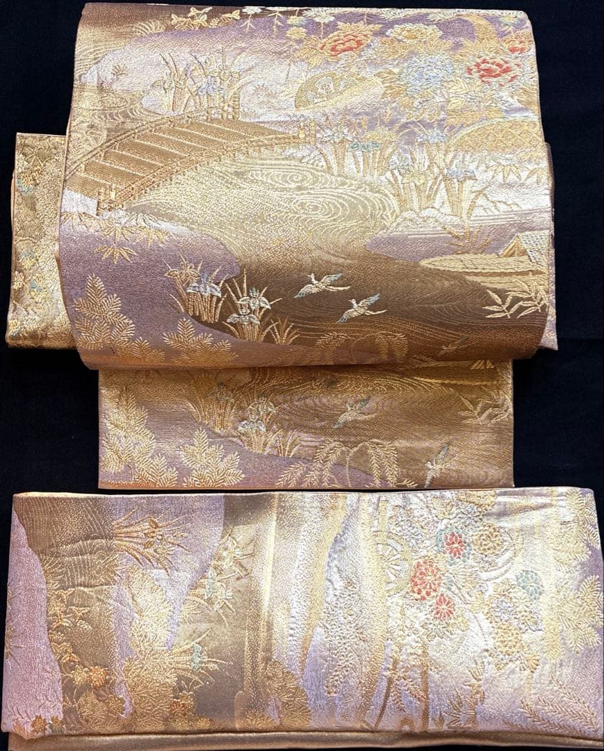 美品 橋 笹 牡丹の花 花菖蒲 正絹 袋帯 二重太鼓