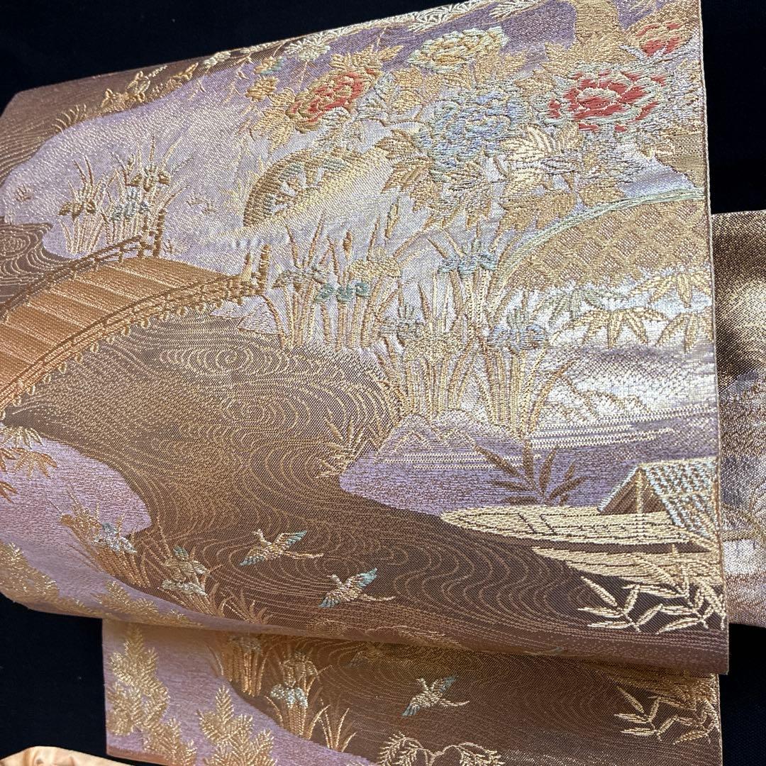 美品 橋 笹 牡丹の花 花菖蒲 正絹 袋帯 二重太鼓